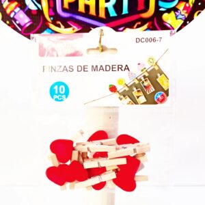 PINZAS DE MADERA CORAZON ROJO 10 PCS