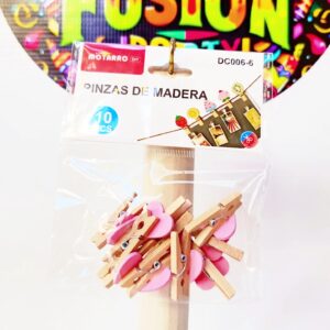 PINZAS DE MADERA CORAZON ROSADO 10 PCS