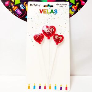 SET 3 UNIDADES VELAS CORAZON CONFETI ROJO 15CM