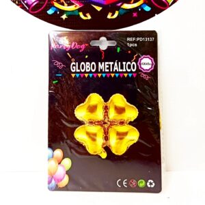 GLOBO METALICO TREBOL CORAZON DORADO 1 UNIDAD